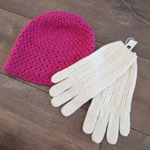 Banana Republic Women's Pink Knit Hat & Gap Cream Knit Glove Set